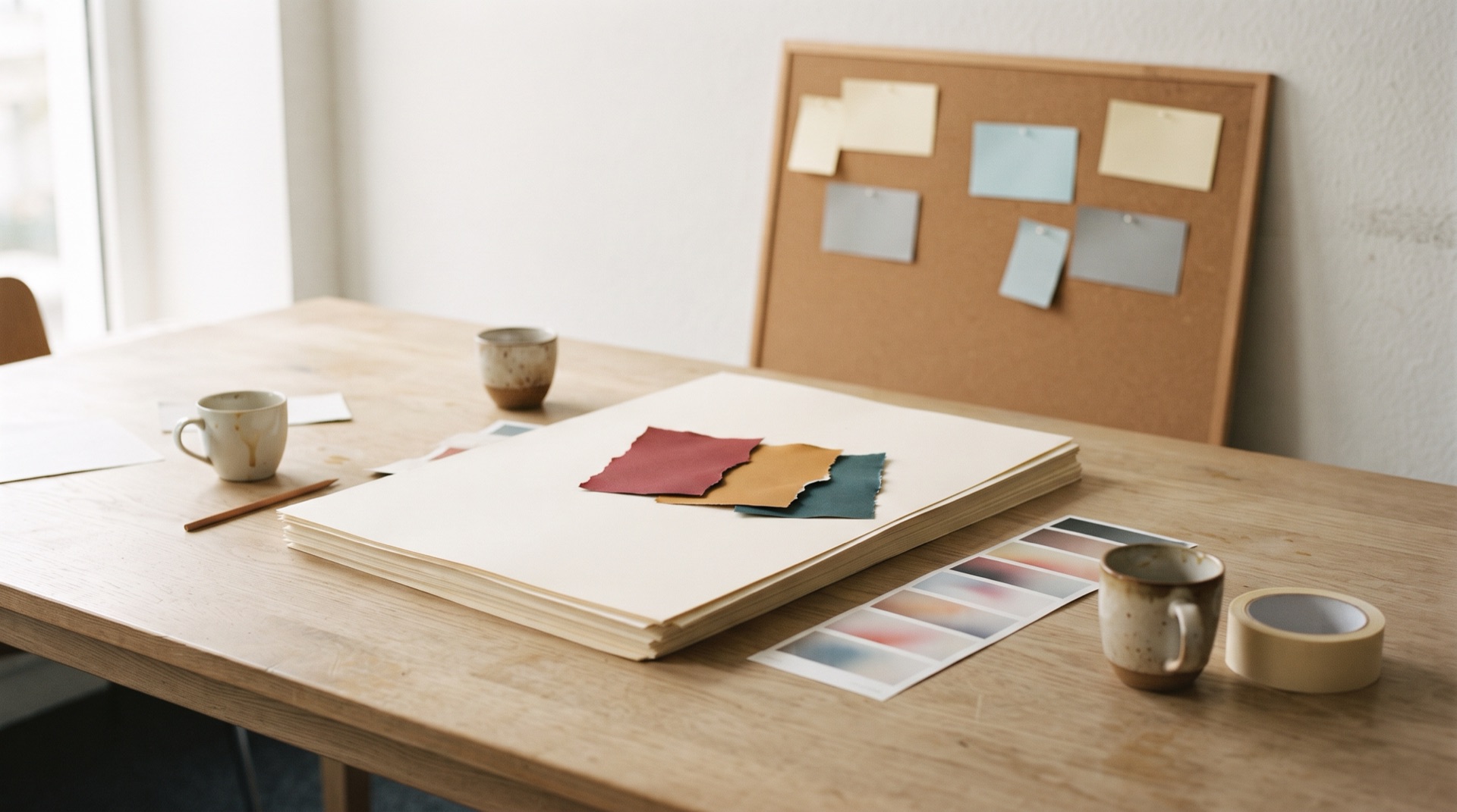 A studio table with paper, torn colour swatches, colour test prints and coffee cups, with pinned cards on a corkboard behind, the working mess of a campaign in progress