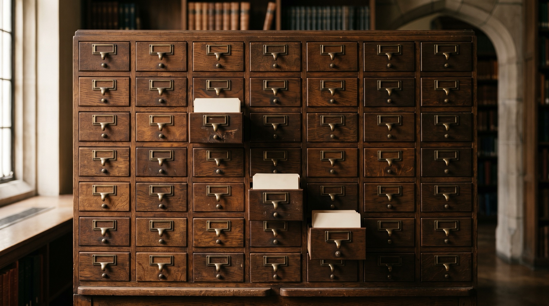 An antique wooden library card catalogue with dozens of drawers shut and three pulled slightly open, blank index cards standing inside them