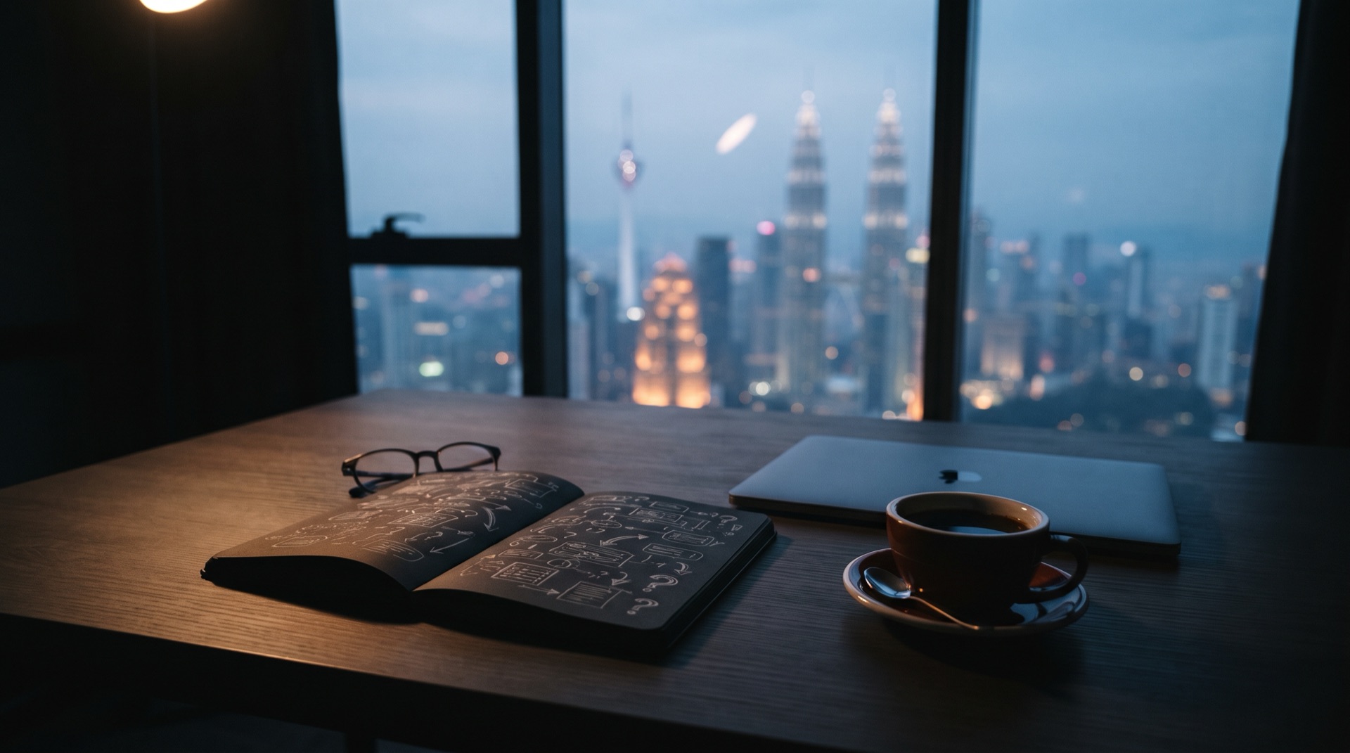 A quiet desk at blue hour with an open notebook, reading glasses and a cup of coffee, the Kuala Lumpur skyline softly out of focus through the window behind