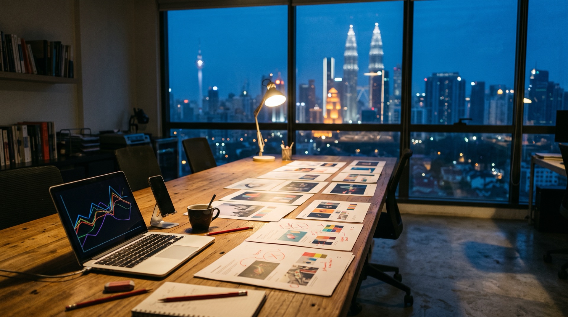 Printed ad creative proofs marked up in red pencil on a long wooden table, a laptop showing a line chart, with the Kuala Lumpur skyline lit up at blue hour behind