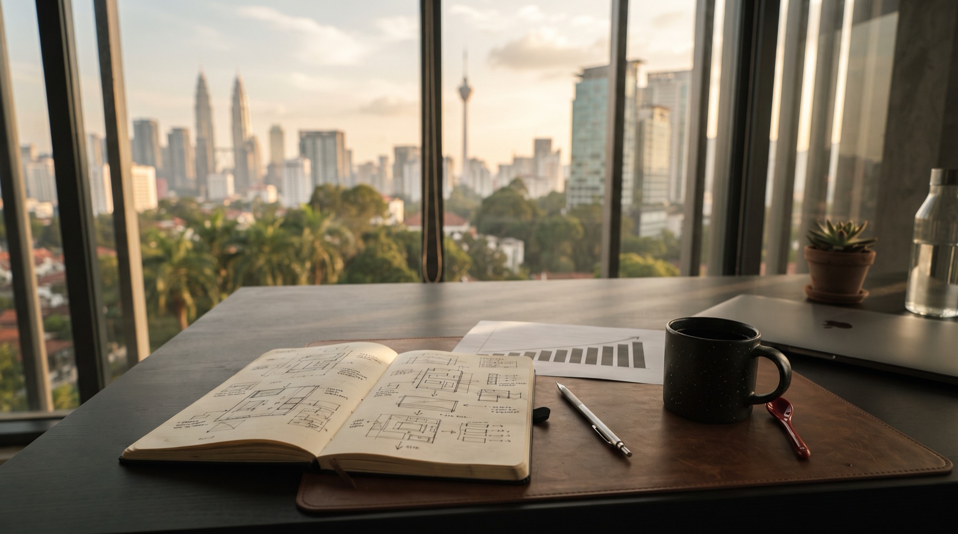 A notebook of hand-drawn site architecture sketches, a printed traffic chart and a coffee cup on a desk overlooking the Kuala Lumpur skyline at dusk