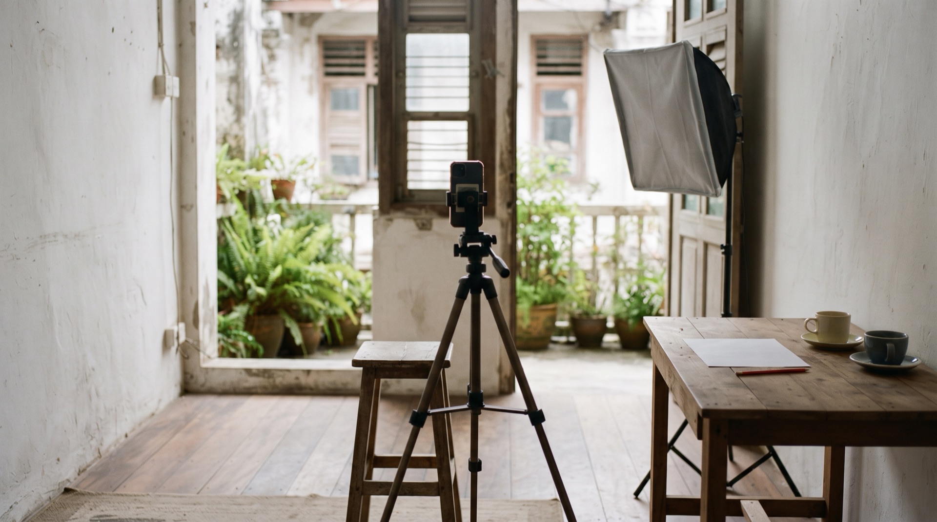A small content studio in a Kuala Lumpur shophouse in late afternoon, a phone on a tripod facing an empty stool, a sheet of paper and two coffee cups on the table, plants in the airwell behind