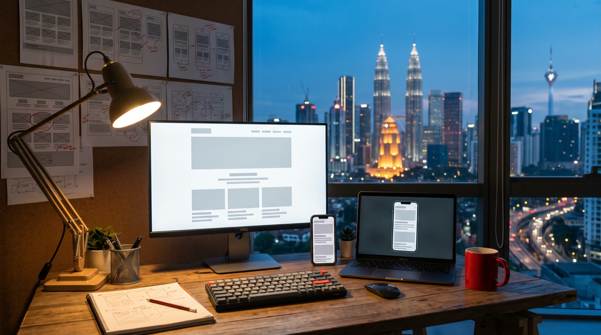 A design studio desk at dusk in Kuala Lumpur, a monitor and phone showing the same website wireframe, printed layouts marked in red pencil, the city skyline behind