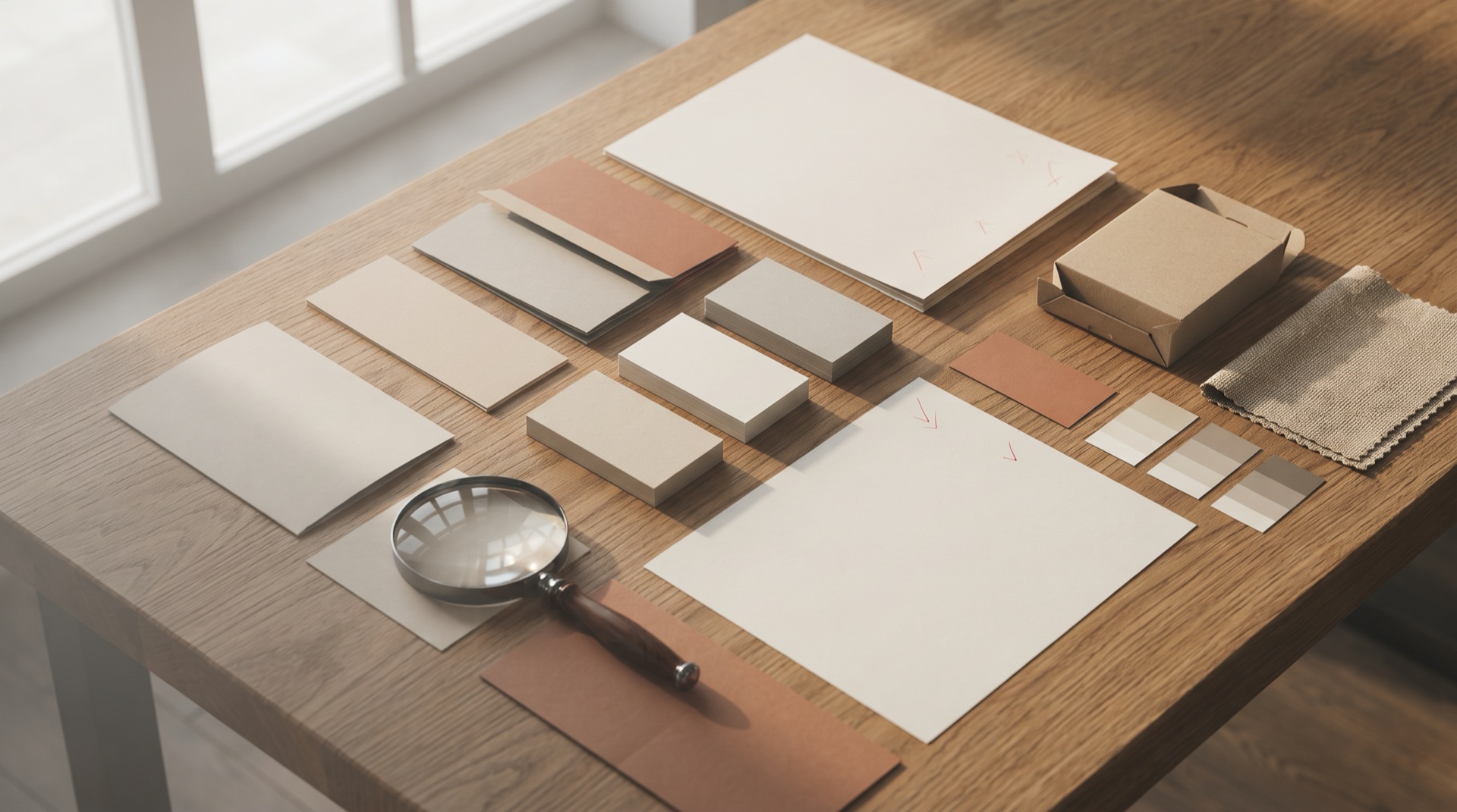 Printed brand collateral laid out in an inspection grid on an oak table, with a magnifying glass and red review marks, representing a structured brand audit