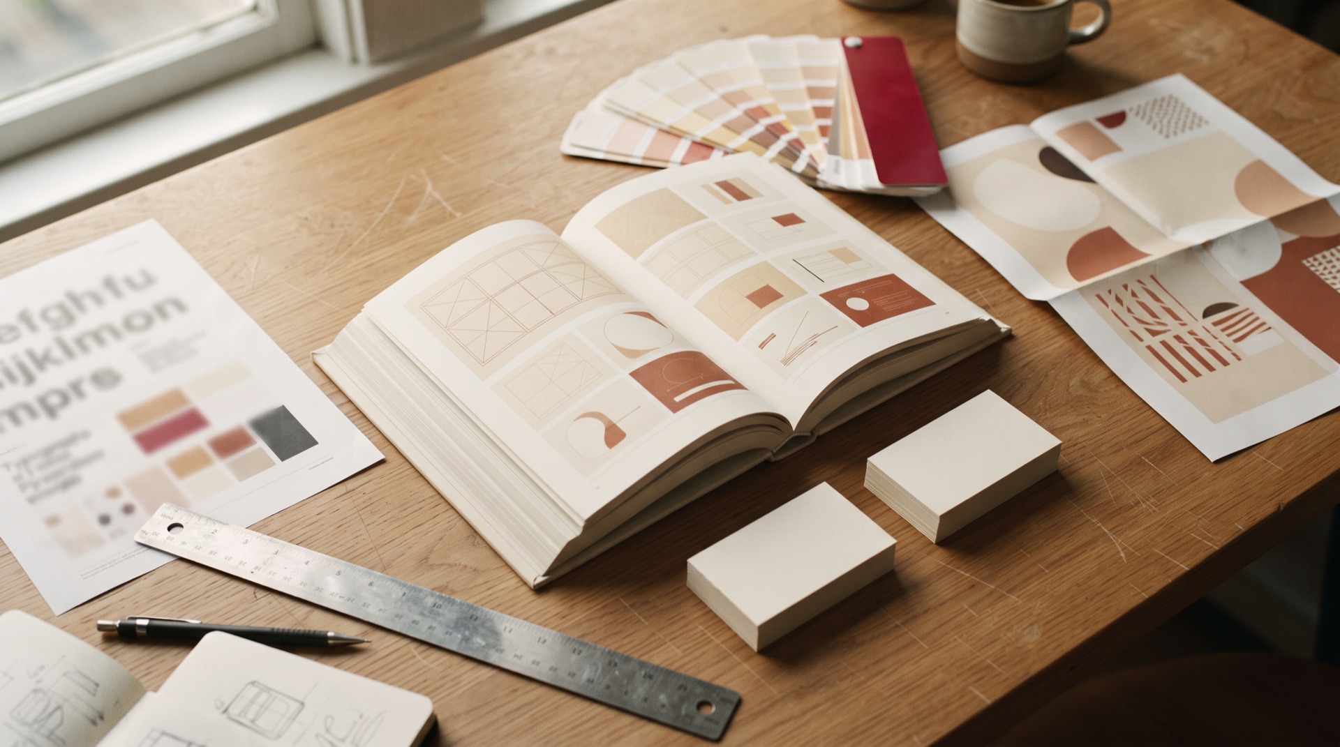 An overhead view of a designer's studio table with an open printed brand manual, paper colour swatches, a folded poster and a typographic specimen sheet under soft daylight