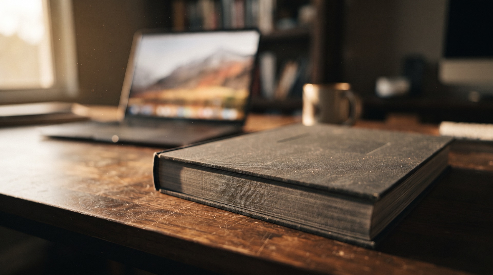 A closed brand guidelines book sitting untouched on a desk beside a glowing laptop screen, representing brand strategy that never reached the ad account