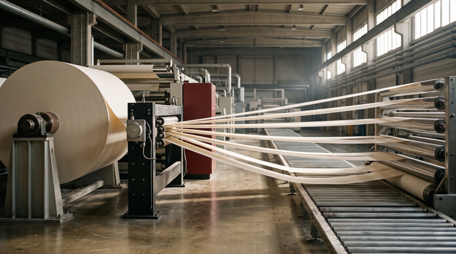 One large roll of paper unspooling into a slitting machine that divides it into six separate parallel ribbons across steel rollers
