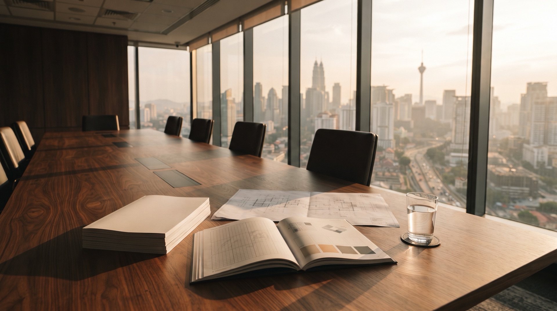 An empty boardroom table in a modern corporate headquarters at late afternoon, with printed annual reports and an open brand manual catching the light from floor-to-ceiling windows