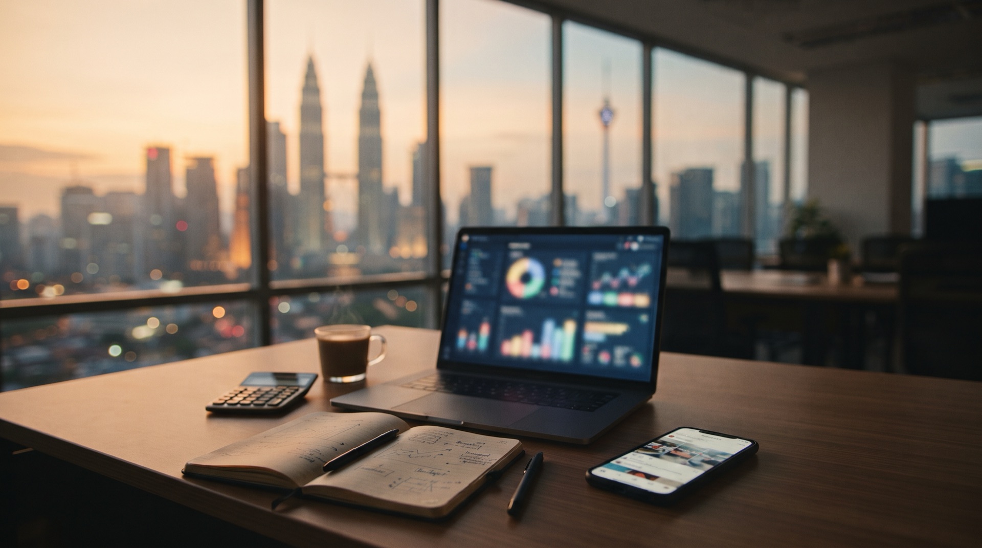 A media buyer's desk in a Kuala Lumpur office with a laptop showing out-of-focus performance graphs, a phone, a notebook of budget figures and a calculator, representing the cost of running Facebook and Meta ads in Malaysia