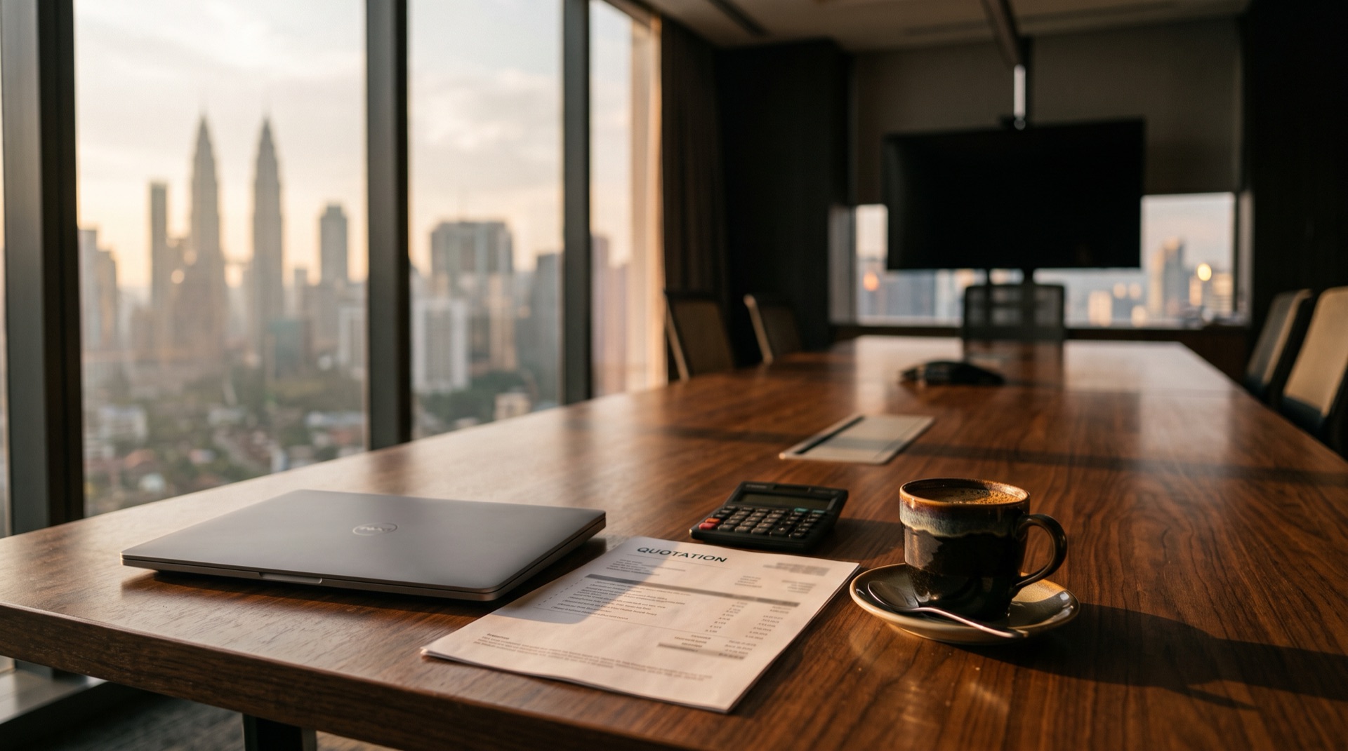 A boardroom table in a Kuala Lumpur office at late afternoon, a printed quotation beside a closed laptop and a calculator, city towers soft behind the window