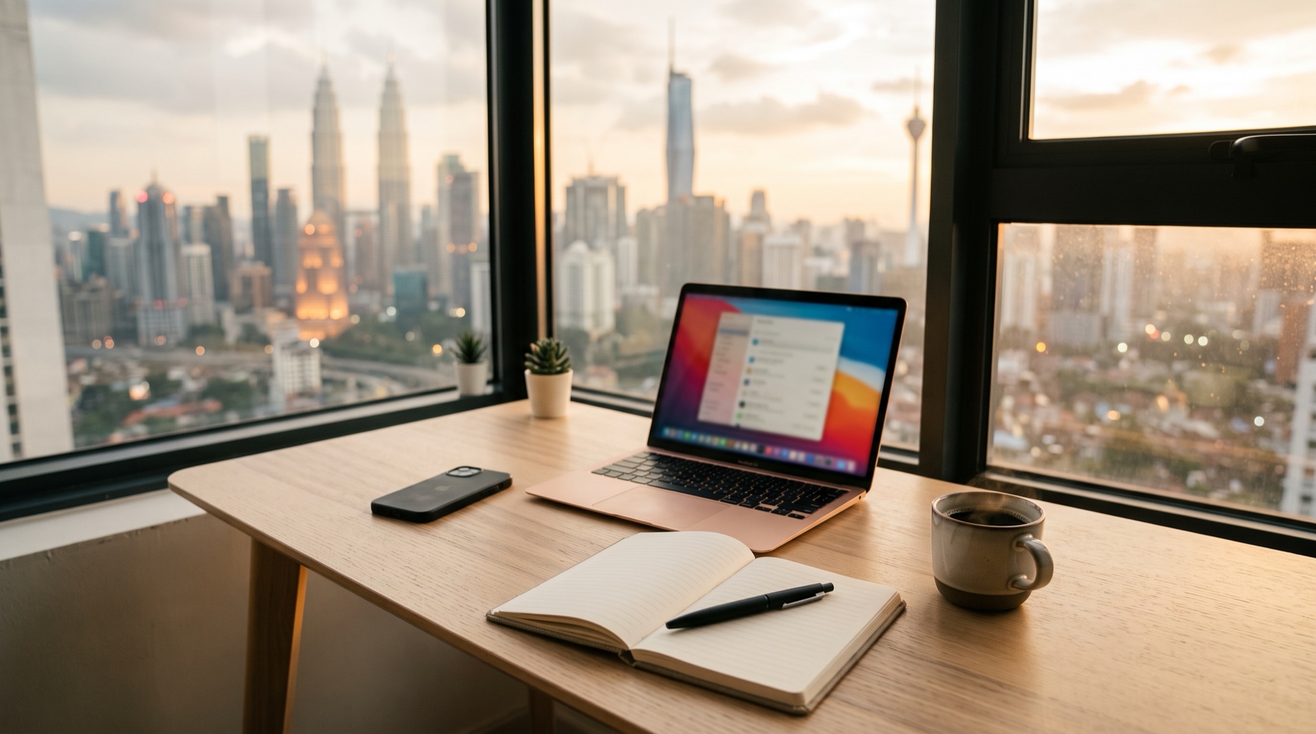 A minimalist desk beside a window in a Kuala Lumpur studio at golden hour, with an open laptop, a notebook and a coffee, the city skyline blurred behind, representing a Malaysian business working on its visibility in ChatGPT and AI search