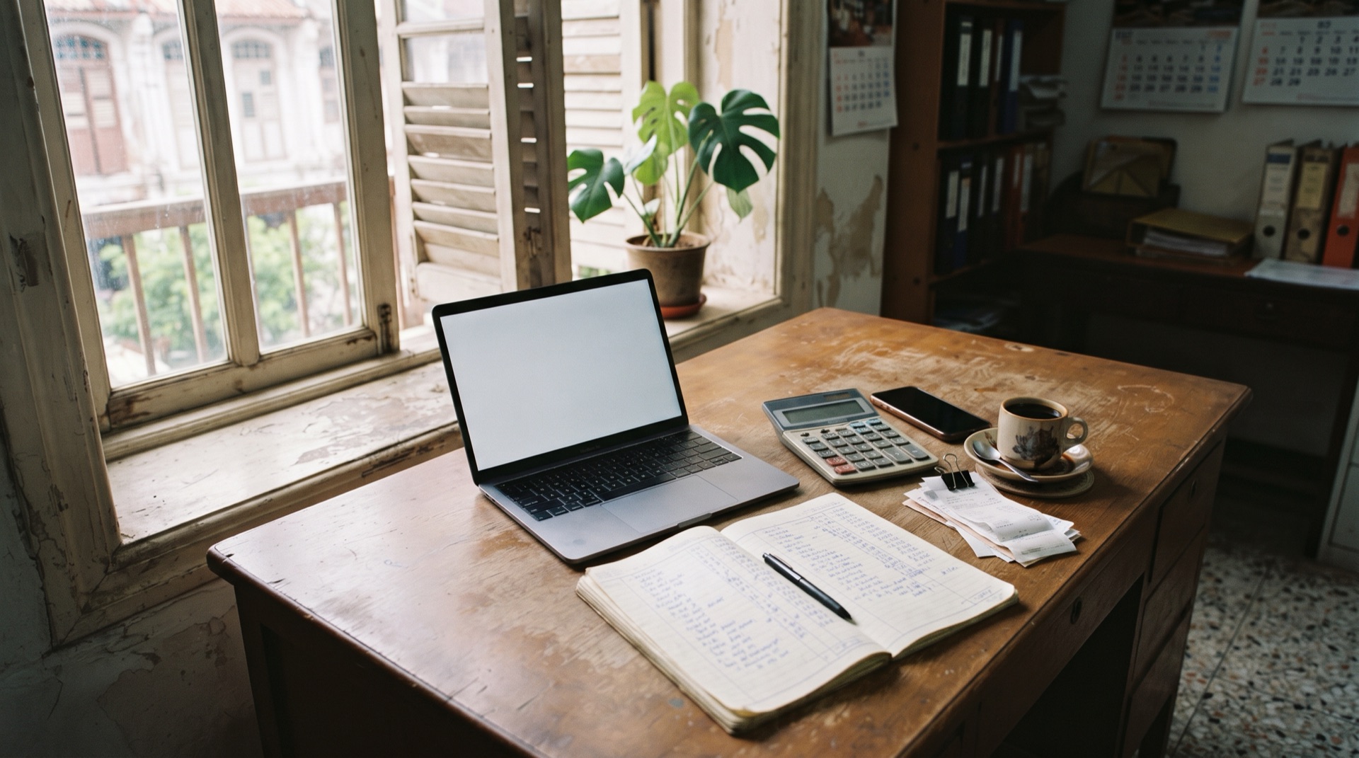 A small business owner's desk in a Kuala Lumpur shophouse office with a laptop, a calculator, a notebook of figures and a cup of kopi, representing the cost of running Google Ads in Malaysia
