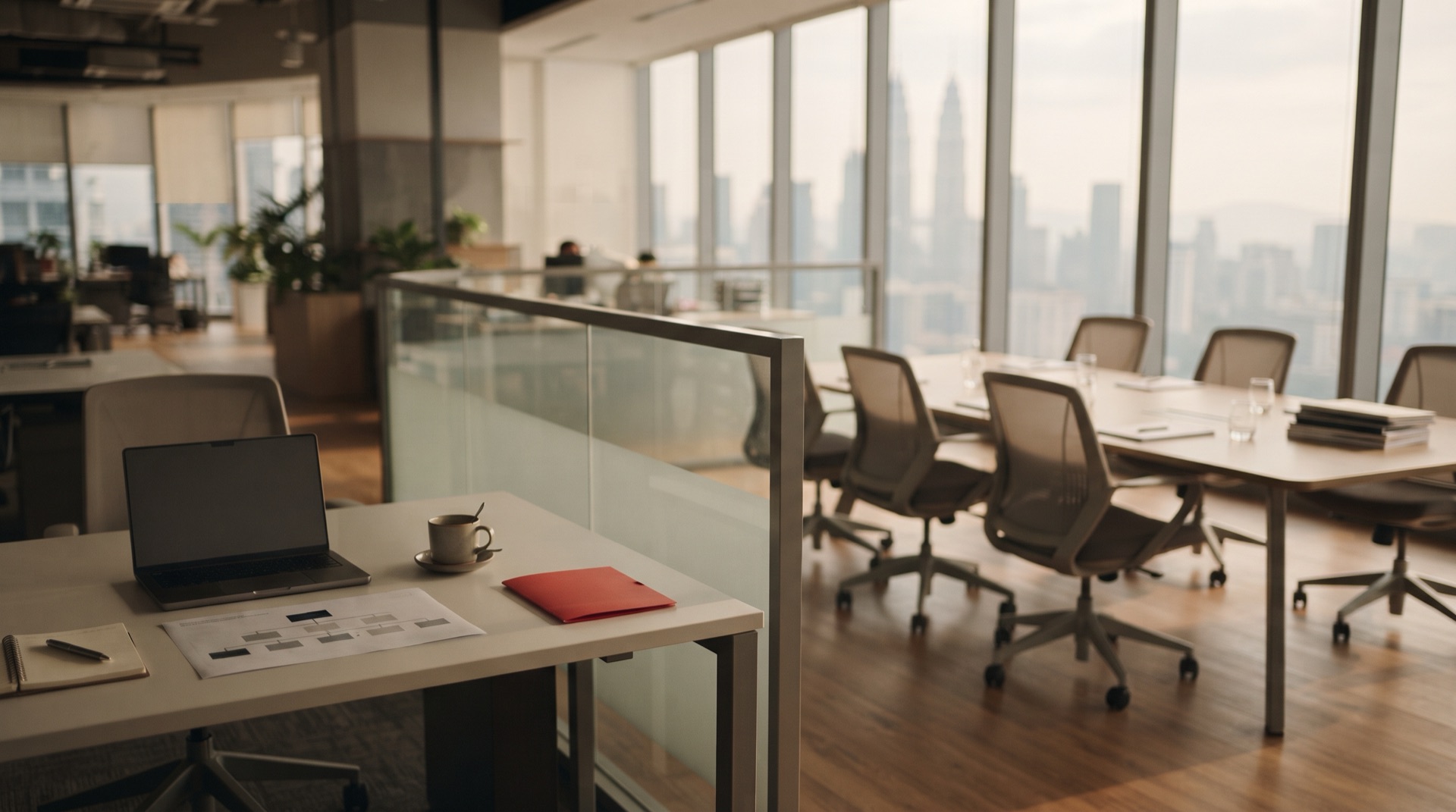 An empty office desk with a laptop and an org chart beside a shared boardroom table in a Kuala Lumpur office, representing the build versus buy decision for a marketing team