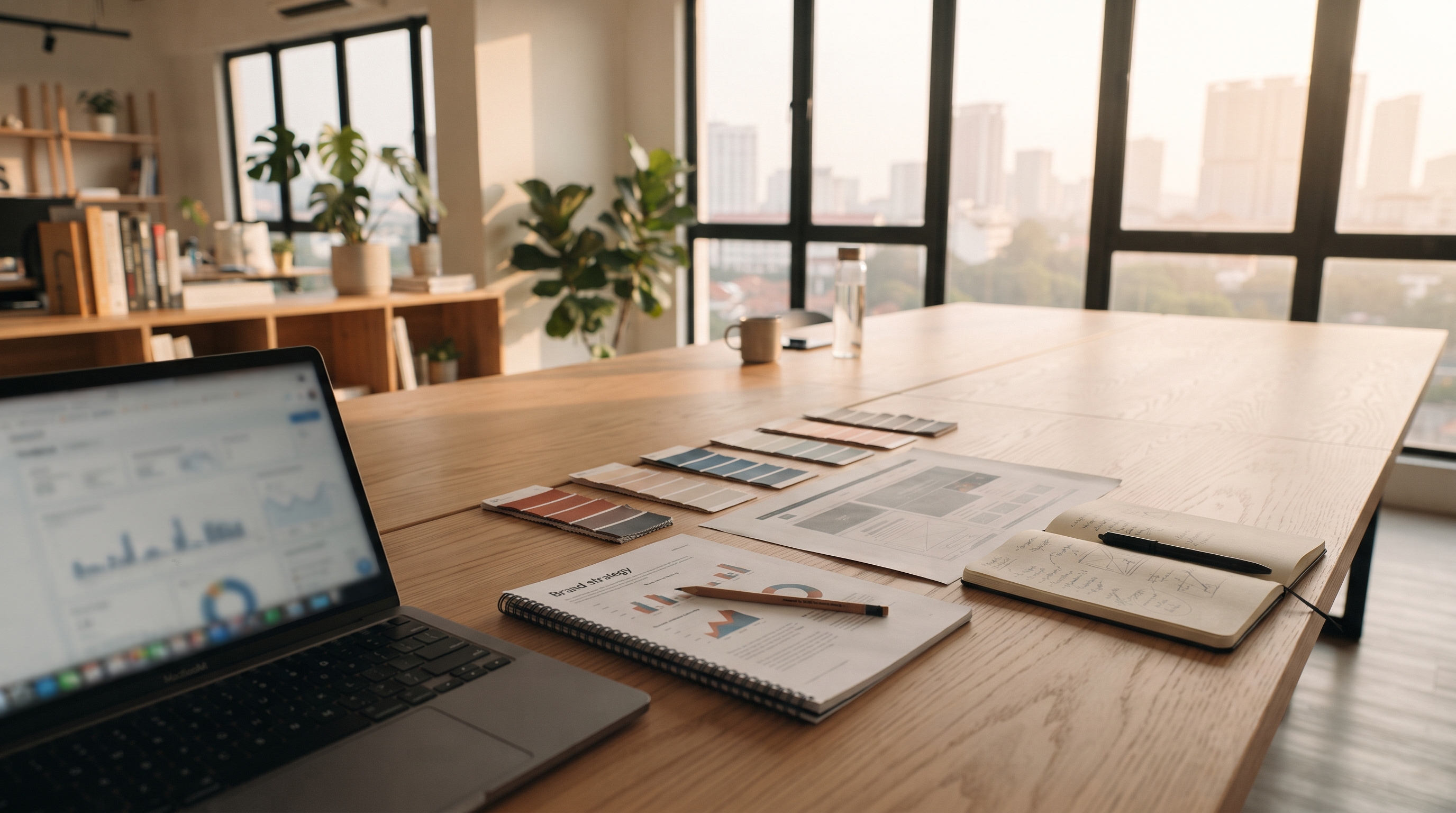 A single focused workspace beside a connected team table, representing the choice between a specialist agency and an integrated marketing team in Malaysia