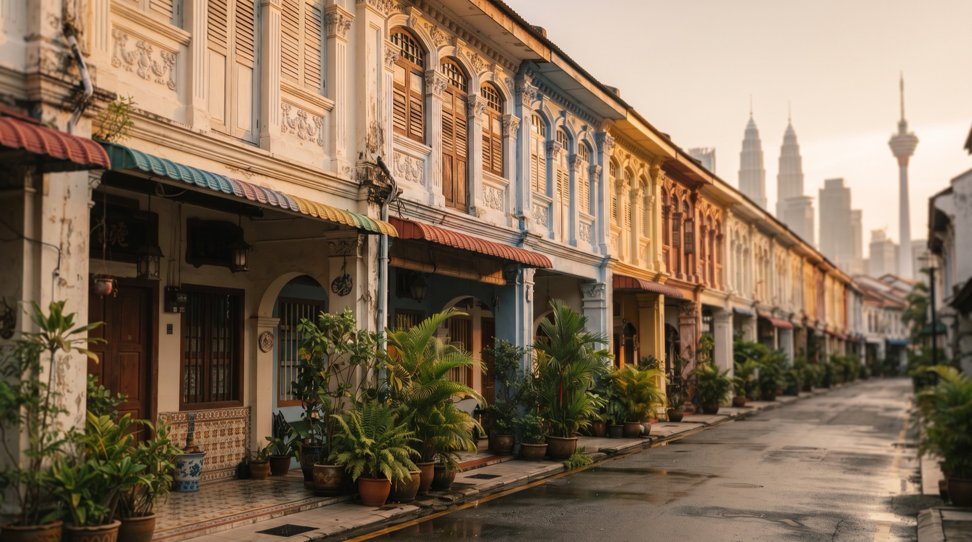 A row of traditional Malaysian shophouses along a Kuala Lumpur street at golden hour, with modern city towers softly out of focus behind them