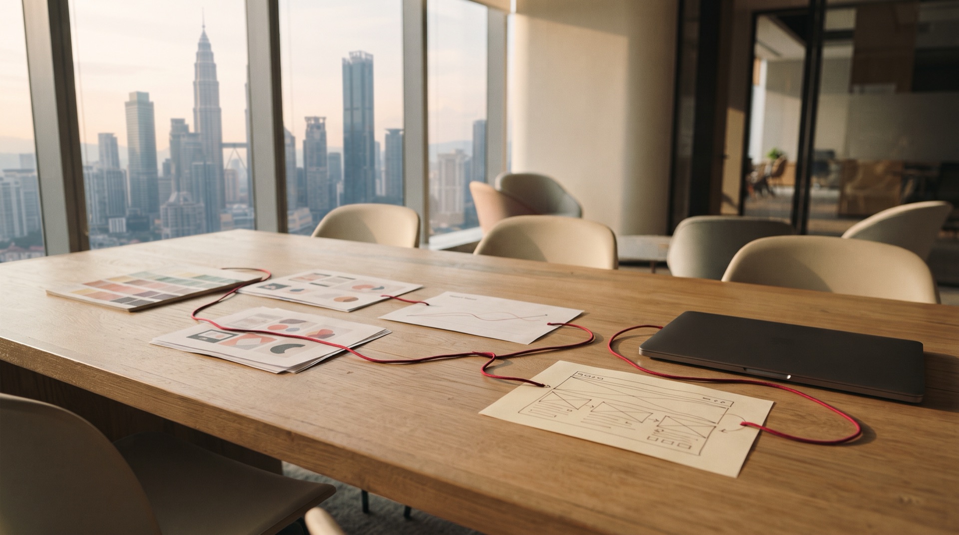 A strategy table in a Kuala Lumpur office with brand swatches, campaign layouts, a performance chart and a website wireframe connected by a single red cord, representing an integrated marketing system