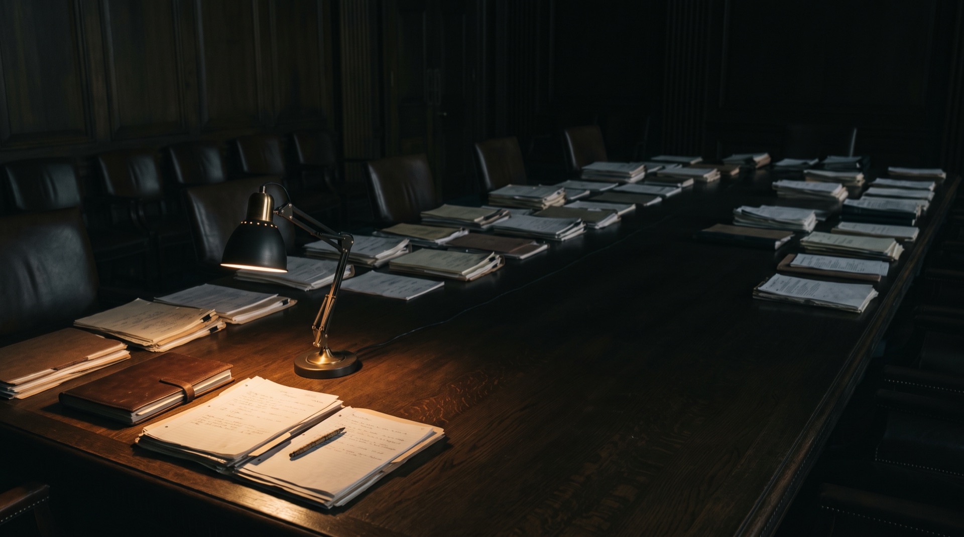 A single desk lamp lighting one small corner of a long dark boardroom table stacked with papers, representing a marketing dashboard that illuminates only a fraction of the business