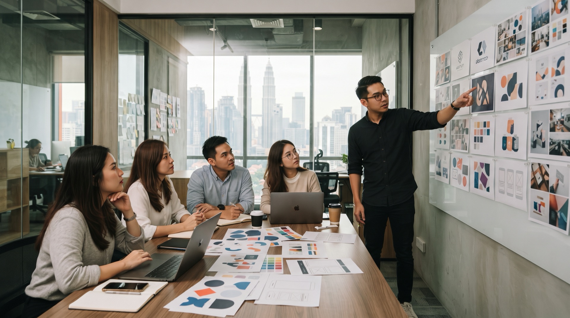 A marketing team reviewing pinned-up brand identity work, logo routes, colour palettes and packaging mockups in a Kuala Lumpur agency meeting room
