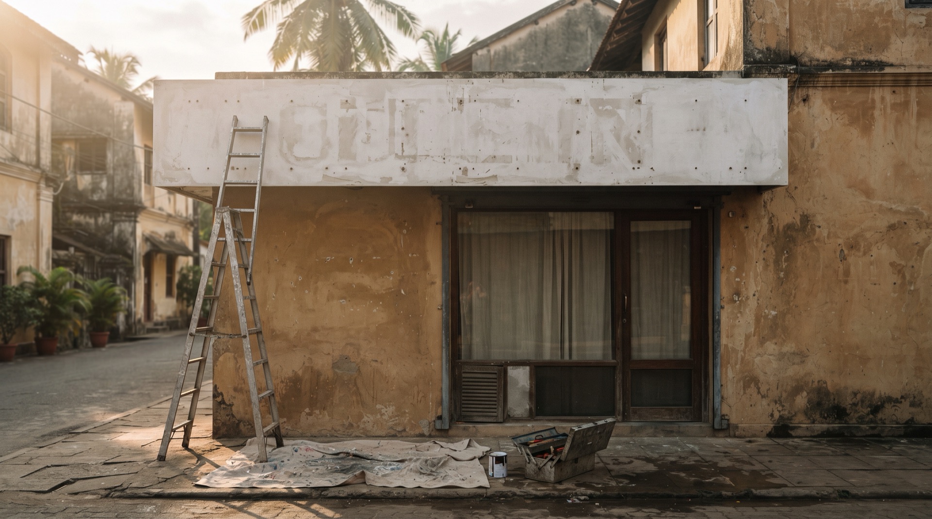 A shopfront fascia mid-refit with the old signage stripped off, a ladder leaning against the wall, representing the real cost of rebranding a business in Malaysia