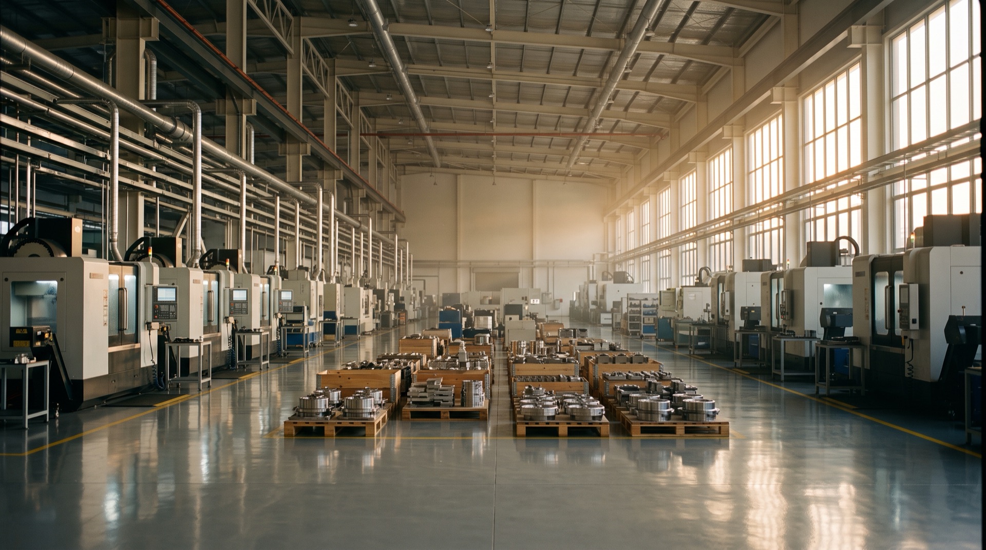 The interior of a modern Malaysian precision manufacturing plant, machining cells and process pipework lit by late afternoon light through high windows