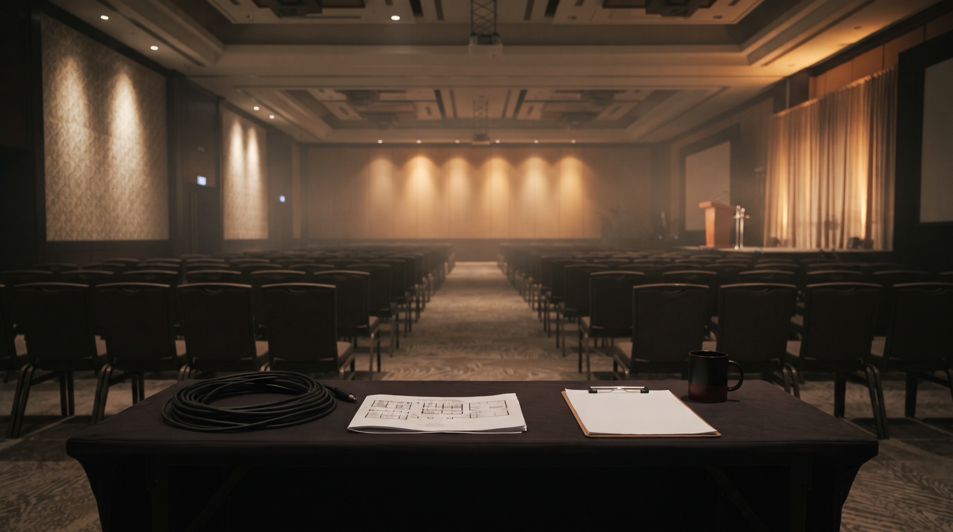 An empty conference ballroom before doors open, with rows of chairs facing a low stage, warm uplighting and an open floor plan on a table in the foreground