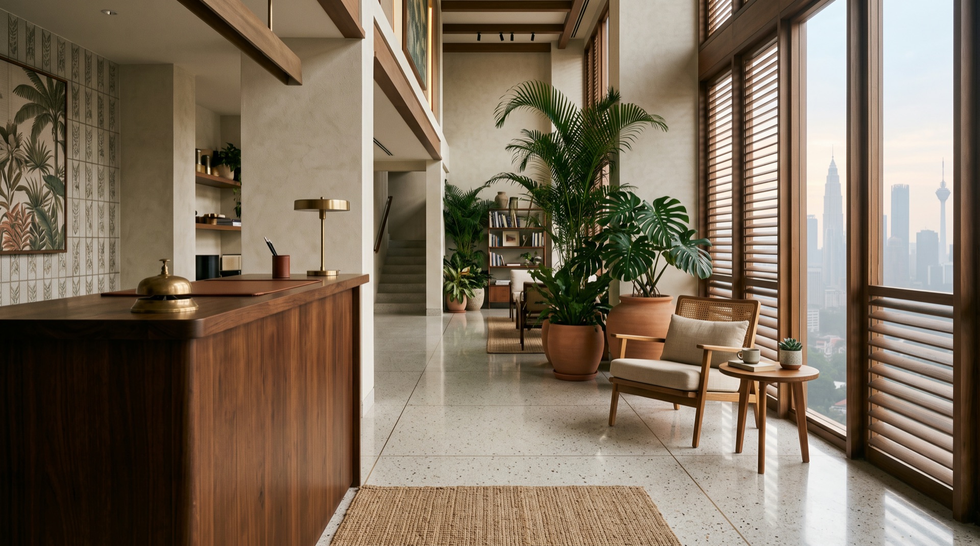 An empty boutique hotel lobby in Kuala Lumpur at dawn, with a timber reception counter, rattan chair, tropical plants and the city skyline through tall louvred windows