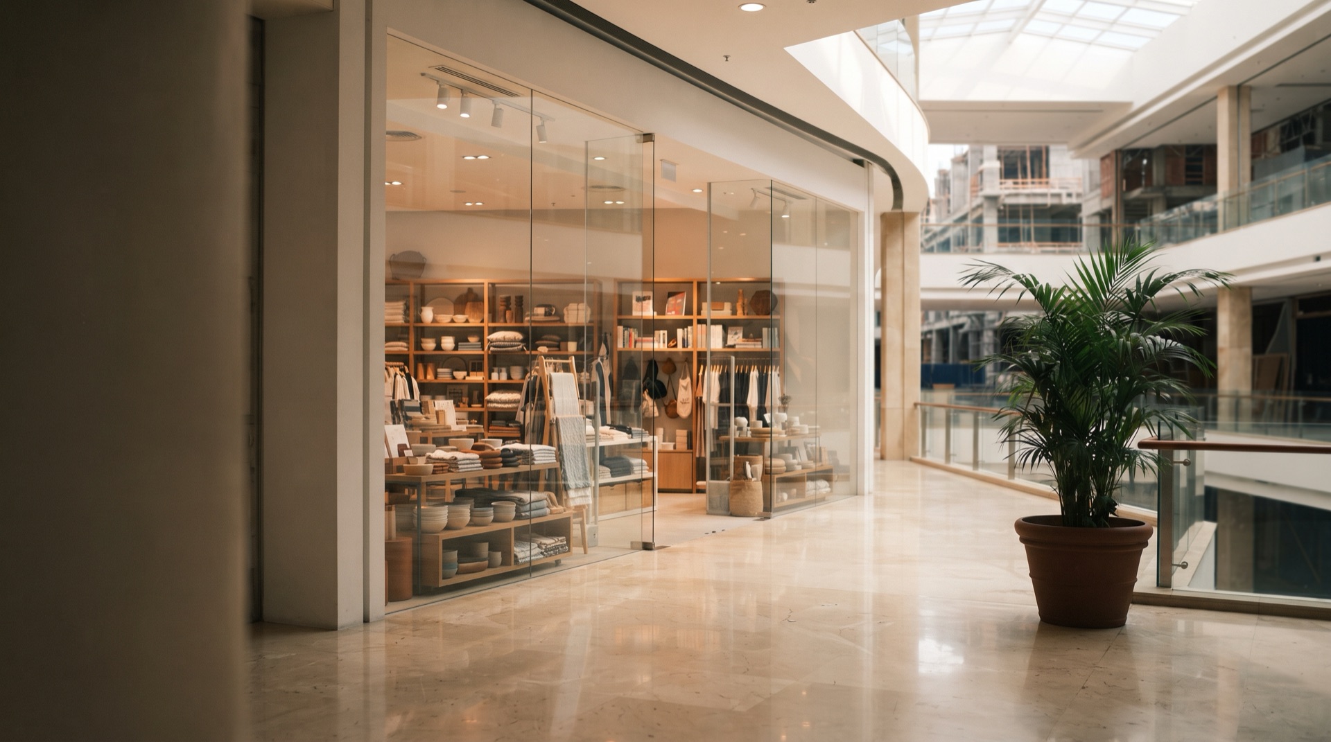 A quiet mall shopfront before opening hours, with neatly merchandised shelves behind clear glass and a polished marble floor reflecting soft skylight
