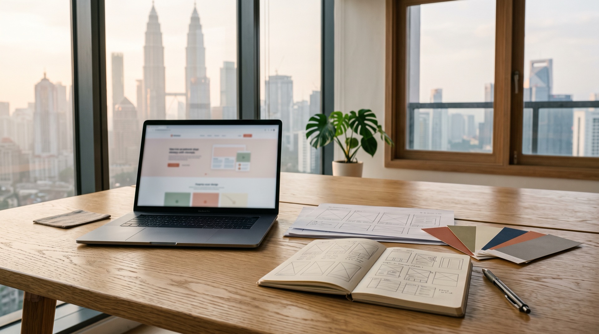 A web designer's desk in a Kuala Lumpur studio with a laptop showing a website layout, printed wireframe sketches, colour swatches and a notebook, representing the cost of building a website in Malaysia