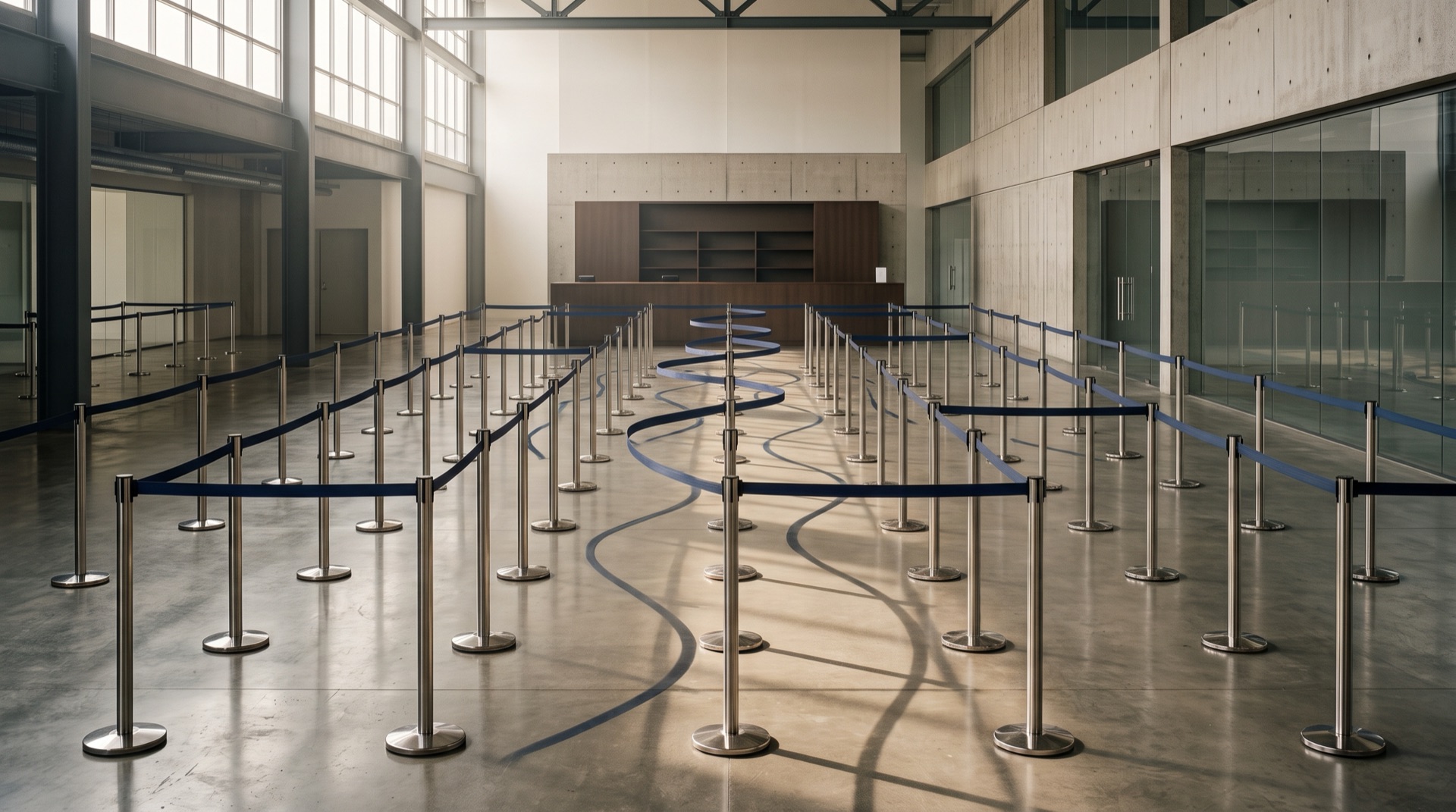 An empty queue maze of chrome barrier posts and dark tape snaking across a polished concrete floor towards a plain unattended counter