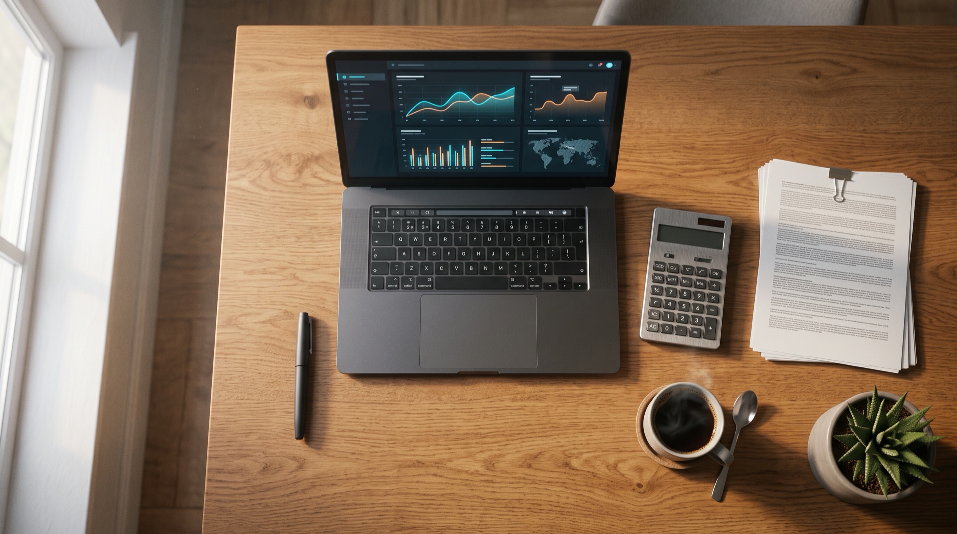 A laptop showing a marketing dashboard, a calculator and printed contracts on a desk, representing the cost of hiring a marketing agency in Malaysia