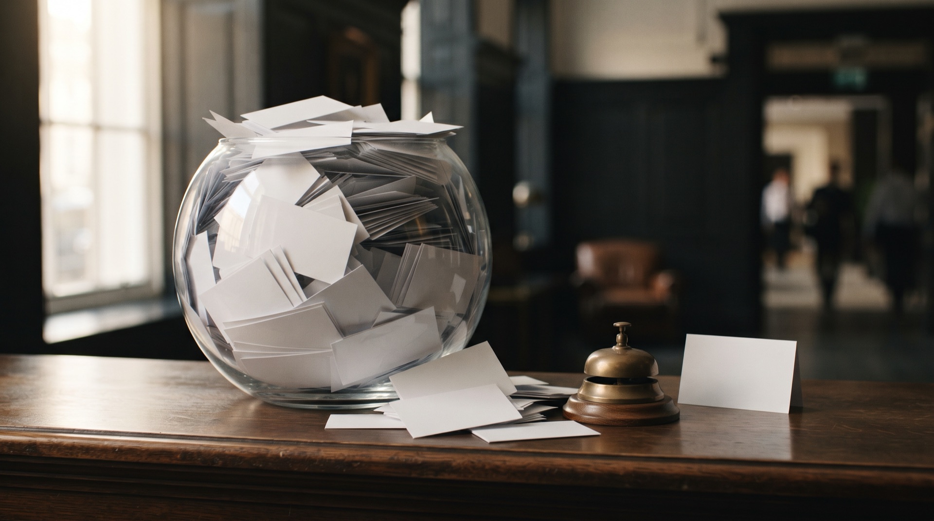 A glass fishbowl on a reception counter overflowing with hundreds of identical blank paper slips, with one folded card standing separately beside it