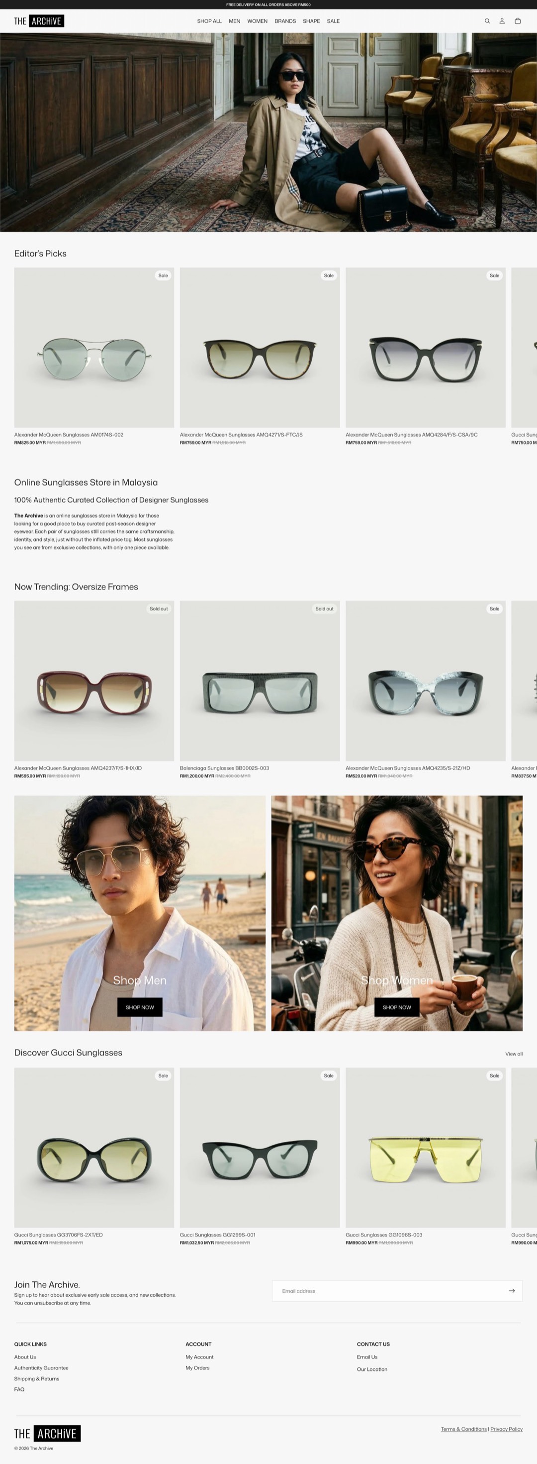 The Archive Eyewear website, designed and built by Oblique